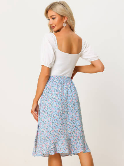 Allegra K- Floral Ruffle A-Line Split Midi Skirt