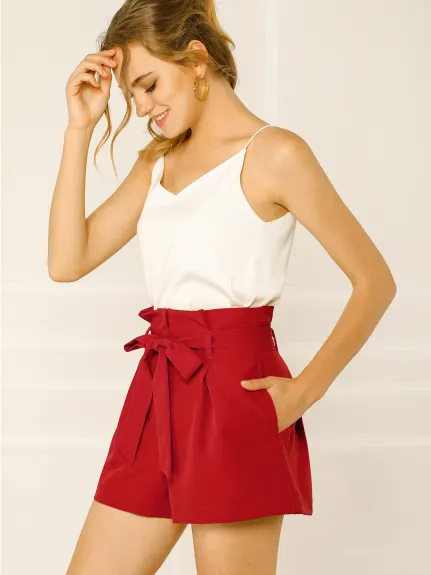 Allegra K- Bow Belt High Paper Bag Waist Shorts