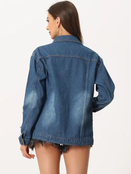 Allegra K- Long Sleeve Oversized Denim Jacket