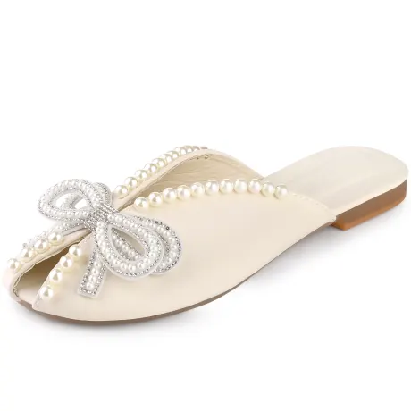 Allegra K - Floral Print Peep Toe Slip-on Pearl Flat Slides