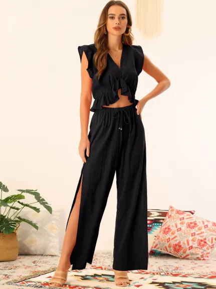 Allegra K- 2 Piece Deep V Neck Ruffle Crop Top Split Wide Leg Pant Set