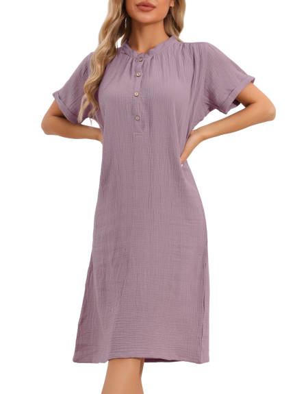 Cheibear - Short Sleeve V Neck Cotton Long Nightgown