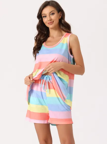 cheibear - Rainbow Stripe Lounge Outfits with Pockets