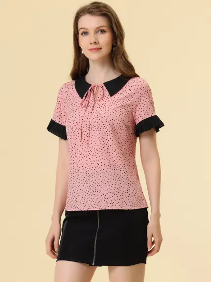 Allegra K- Contrast Doll Collar Polka Dots Blouse