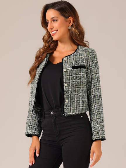 Allegra K- Tweed Plaid Short Jacket