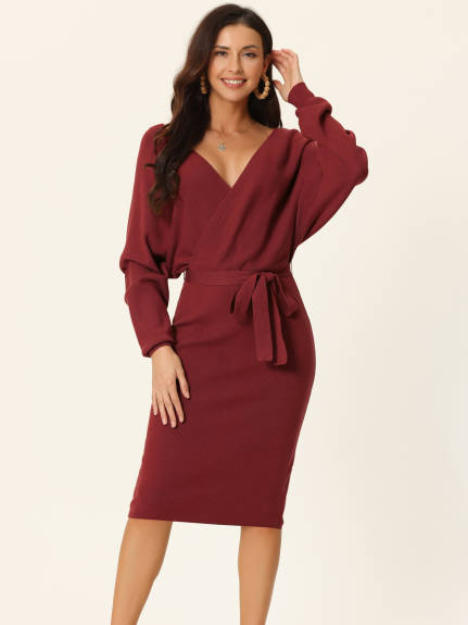 Allegra K - Deep Wrap V Neck Belted Sweater Dress