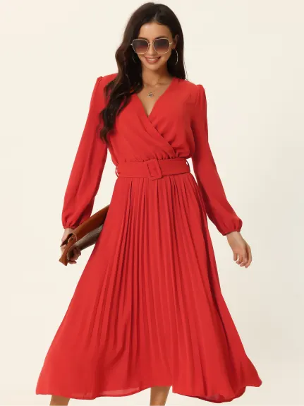 Allegra K - Robe mi-longue plissée bouffante à manches longues et col en V avec ceinture à la taille