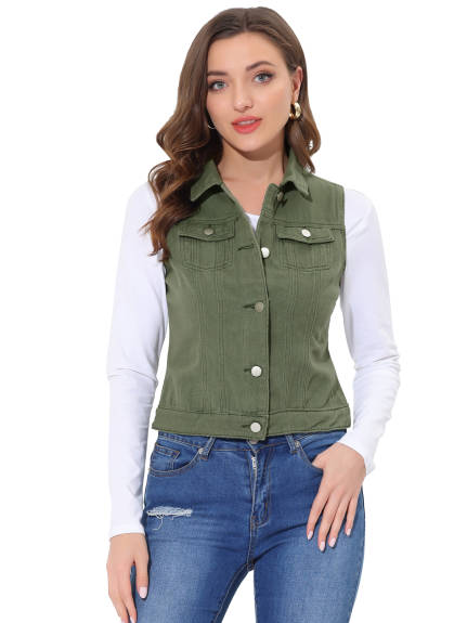 Allegra K- Washed Denim Buttoned Vest with Flap Pockets