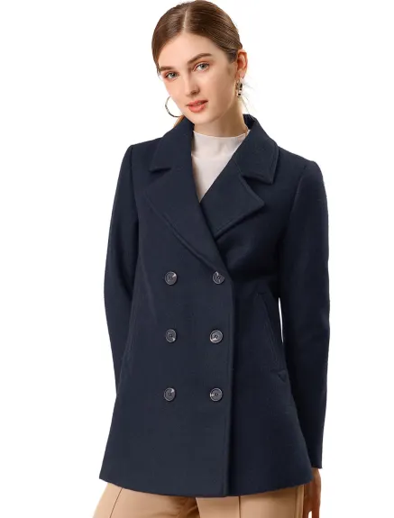 Allegra K- Notched Lapel Double-Breasted Overcoat