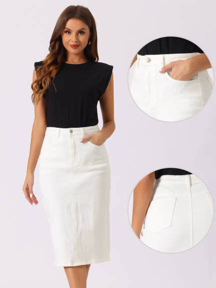 Allegra K- High Waist Split Back Denim Midi Skirt