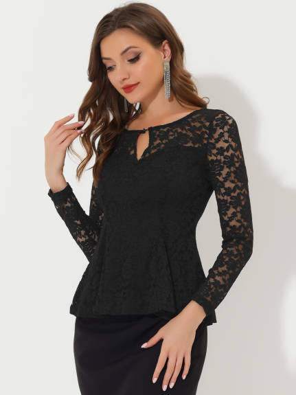 Allegra K - Long Sleeve Lace Sheer Peplum Top