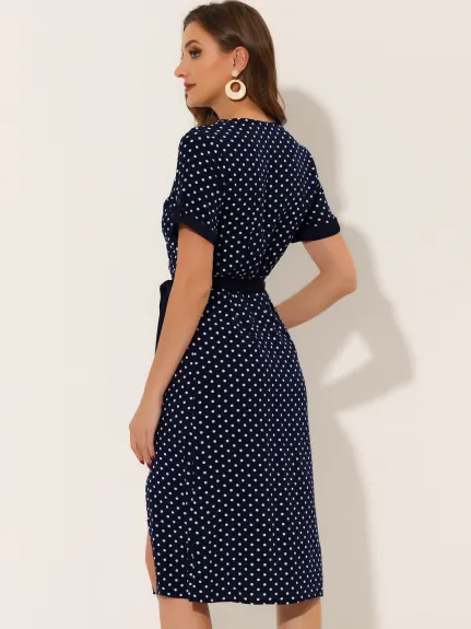 Allegra K- V Neck Polka Dots Button Decor Split Belted Dress