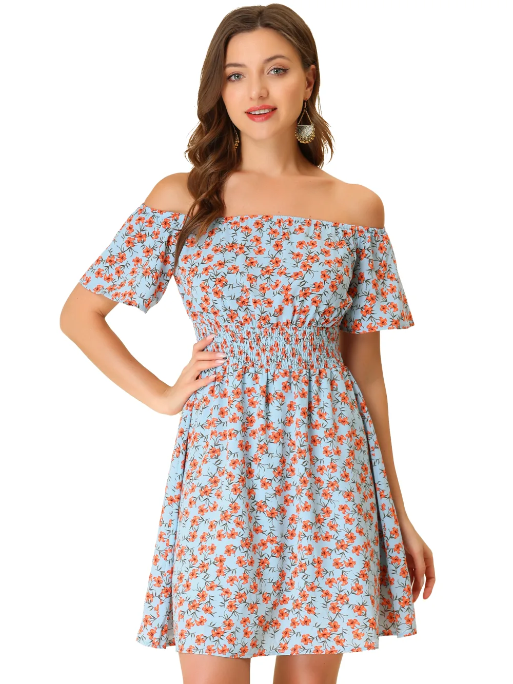 Allegra K- Ditsy Floral Off Shoulder A-Line Smocked Dress