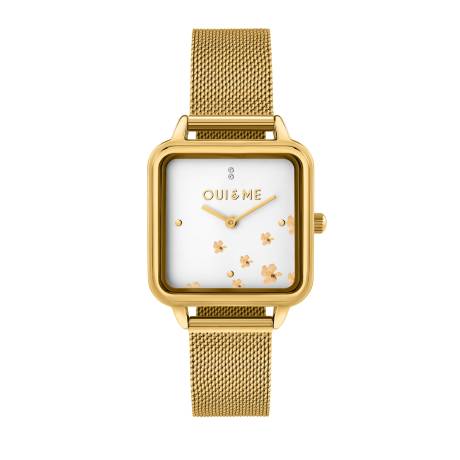 OUI & ME-Harmonie 28mm 2 Hand Square White Flower Dial Watch With Yellow Gold Mesh Bracelet