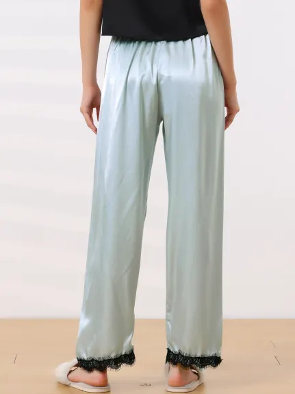 cheibear - Satin Wide-leg Lace Trim Sleep Pants