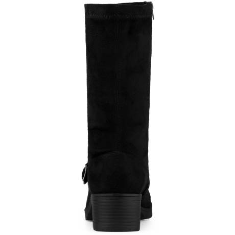 Allegra K- Buckle Decor Low Heel Solid Mid Calf Boots