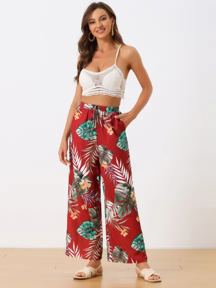 Allegra K- Drawstring Wide Leg Floral Beach Pants