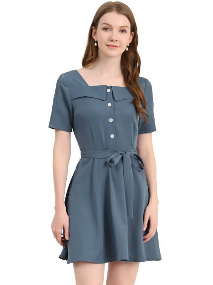 Allegra K- Square Neck Tie Waist Shirt Dress