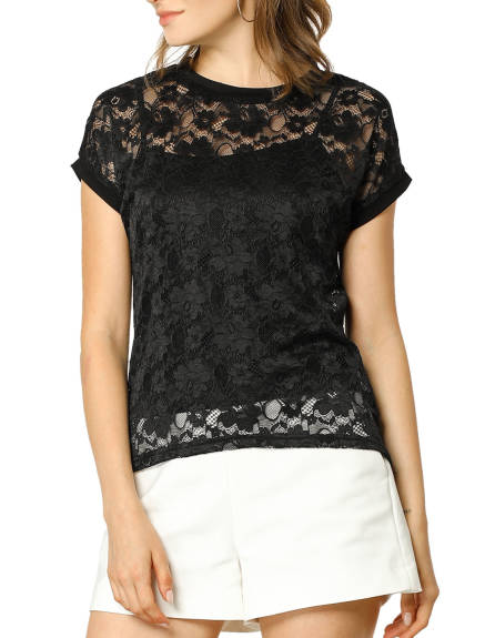 Allegra K- Lace Floral Embroidery See-Through Top