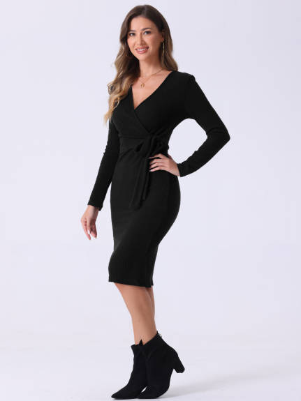 INSPIRE CHIC - V-Neck Tie Waist Bodycon Sweater Dress