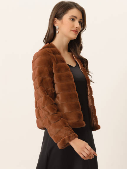 Allegra K- Cropped Collarless Faux Fur Fluffy Coat Jacket