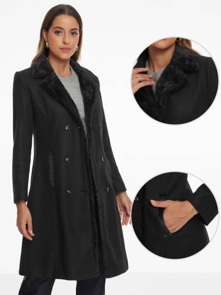 Allegra K - Faux Fur Collar Double Breasted Long Coat