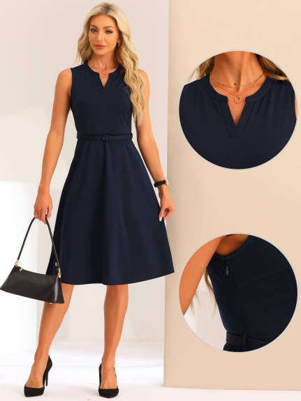 Allegra K - V Neck Sleeveless Belted Work Dress