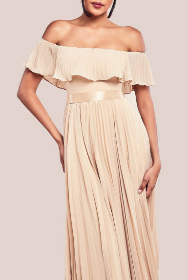 Goddiva - Pleated Chiffon Off Shoulder Maxi Dress