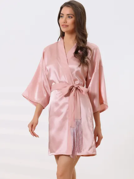 cheibear - 3/4 Sleeves Tie Waist Satin  Night Robe