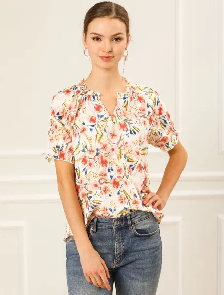 Allegra K- Floral Short Sleeve Ruffle Neck Blouse