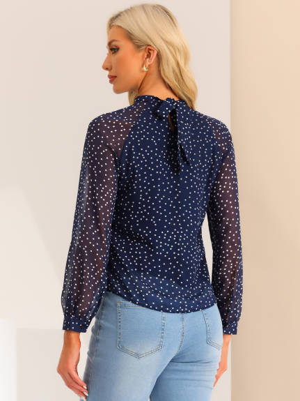 Allegra K - Polka Dots Tie Back Long Sleeve Blouse