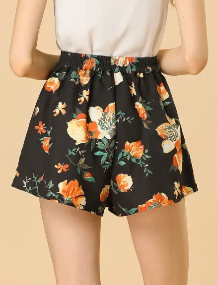 Allegra K - Printed Elastic Tie Waist Summer Beach Shorts