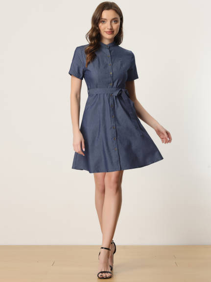 Allegra K- Button Down Short Sleeve Denim Chambray Shirt Dress