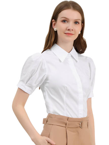 Allegra K- Puff Sleeve Collared Cotton Shirt