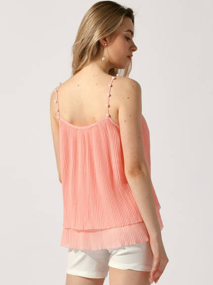 Allegra K - Double-Layer Pleated Ruffle Spaghetti Strap Top