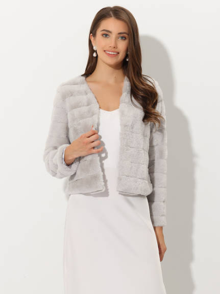 Allegra K- Cropped Collarless Faux Fur Fluffy Coat Jacket