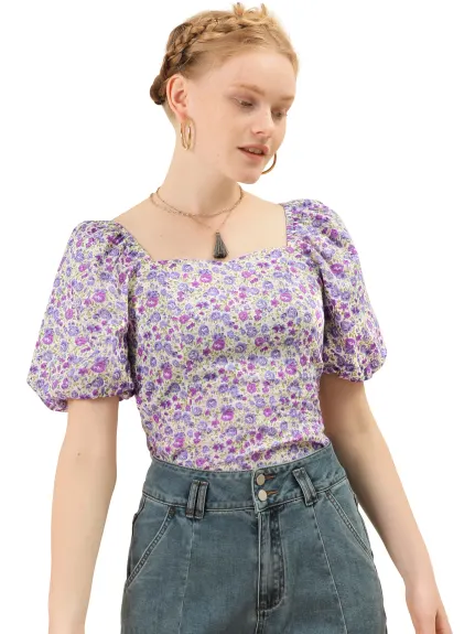 Allegra K- Puff Sleeve Sweetheart Neck Smocked Floral Top