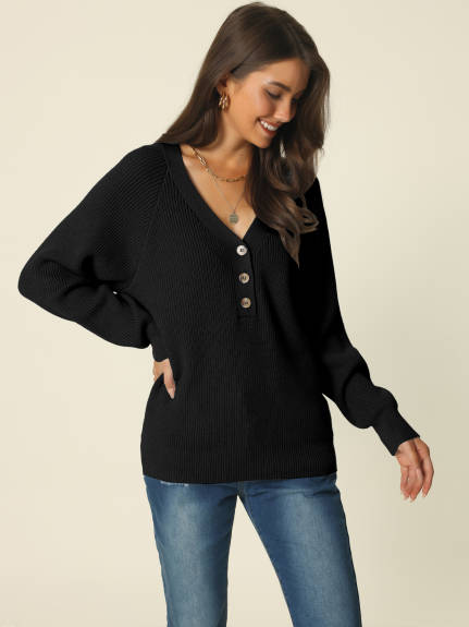 Allegra K- V Neck Button Down Ribbed Knit Pullover Top