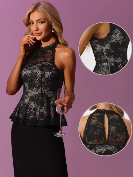 Allegra K- Sweetheart Neck Sleeveless Lace Peplum Top