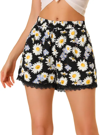 Allegra K - Short de plage d'été à imprimé floral et bordure en dentelle