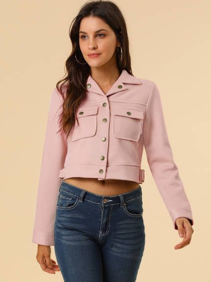 Allegra K- Faux Suede Notched Collar Button Up Cropped Jacket