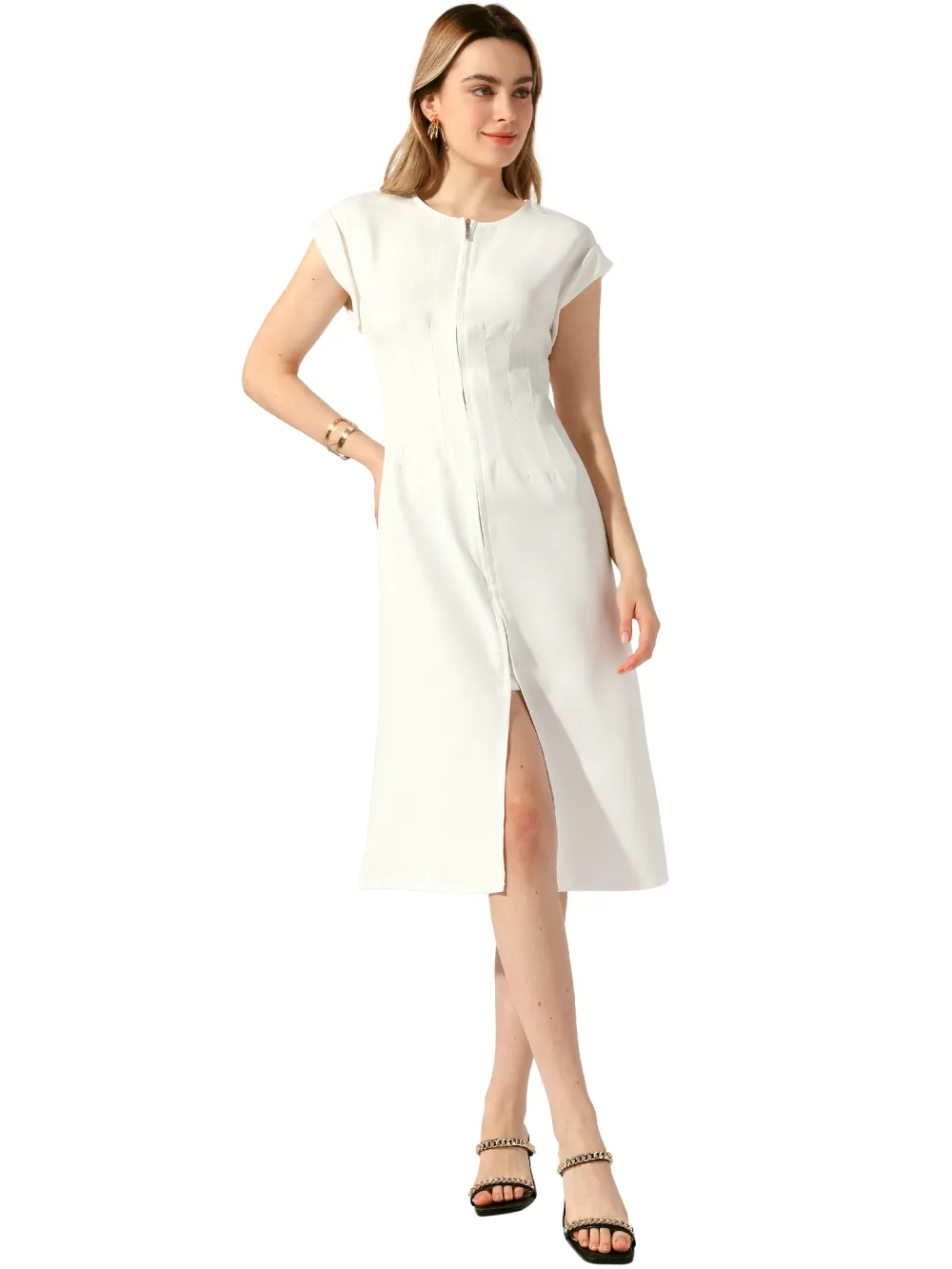 Allegra K - Solid Round Neck Short Sleeve Midi Dress