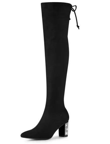 Allegra K- Chunky Rhinestone Heels Over Knee High Boots