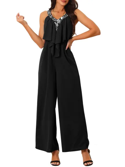 Allegra K - Summer Sleeveless V Neck Ruffle Jumpsuit