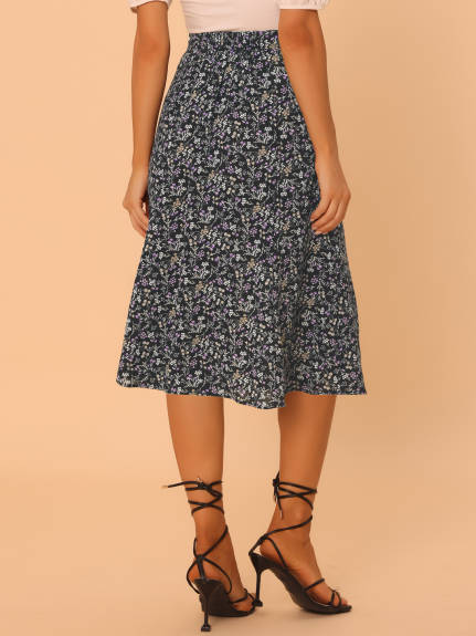 Allegra K- Elastic Waist A-Line Midi Leave Print Skirt