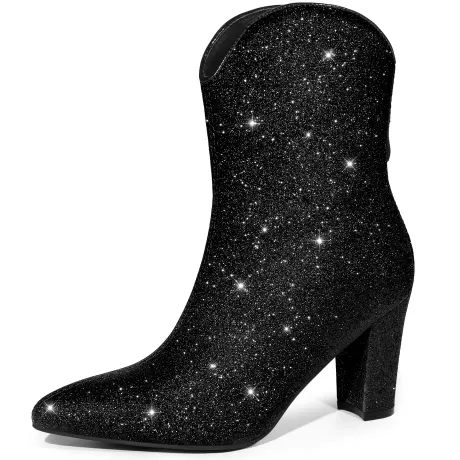 Allegra K - V Shape Pointed Toe Glitter Mid Calf Boots