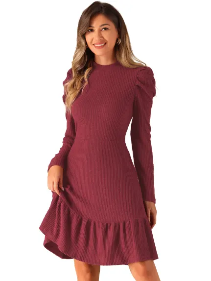 Allegra K - Robe en maille extensible à manches longues bouffantes et col rond