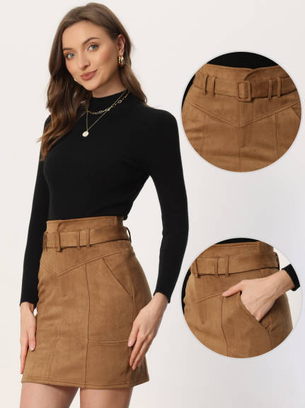 Allegra K - Faux Suede High Waist Belted Skirt