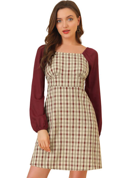 Allegra K- Long Sleeve Square Neck A-Line Plaid Dress