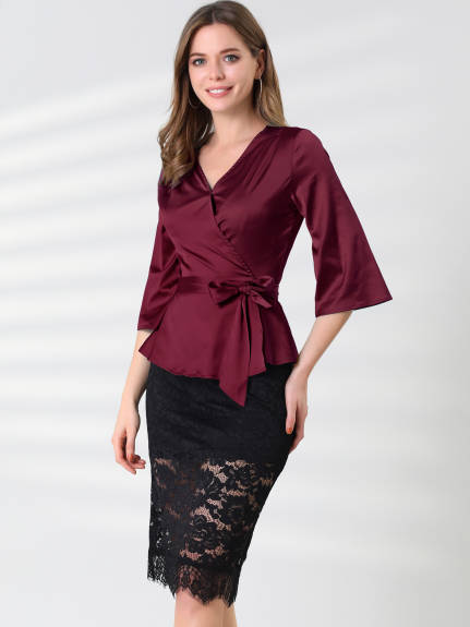 Allegra K- Bow Tie Waist Satin 3/4 Sleeve Wrap Peplum Blouse